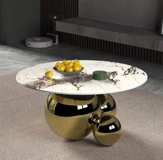 Spigola Round Coffee Table in Gold with Sintered Stone Top and Stainless Steel Base