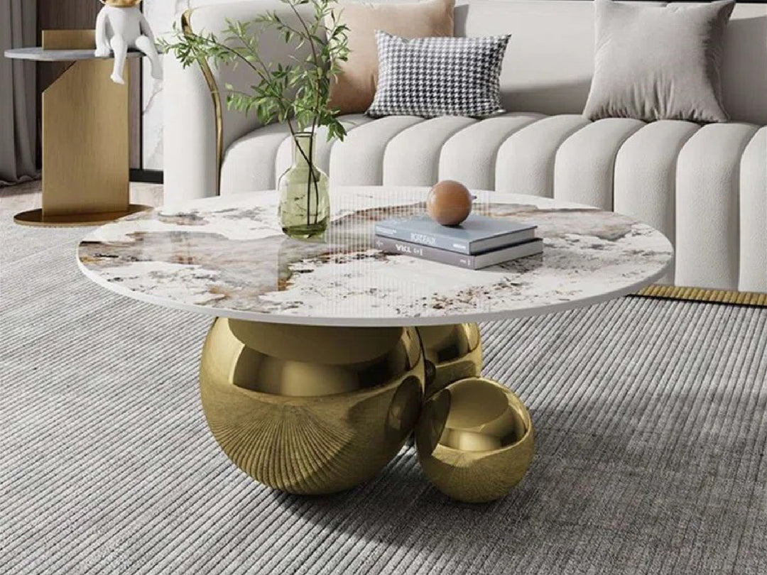 Spigola Round Coffee Table in Gold with Sintered Stone Top and Stainless Steel Base