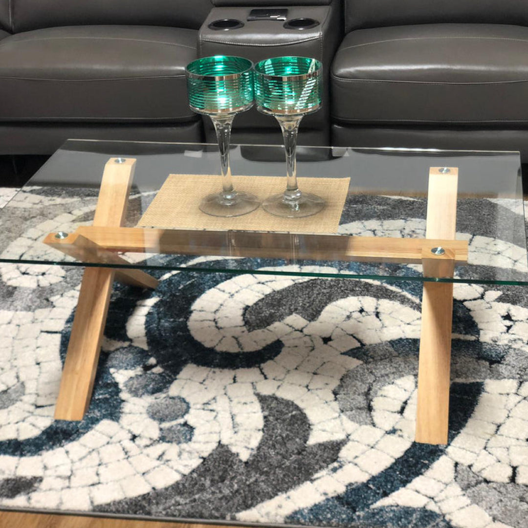 Sydney Tempered Glass Top Coffee Table with Rubber Wood Legs