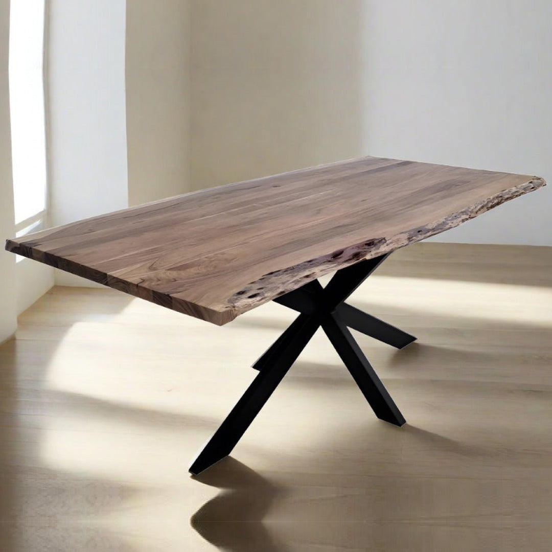 Venezia Industrial Dining Table - Live Edge Solid Wood Top & Black Steel Legs (210 cm)