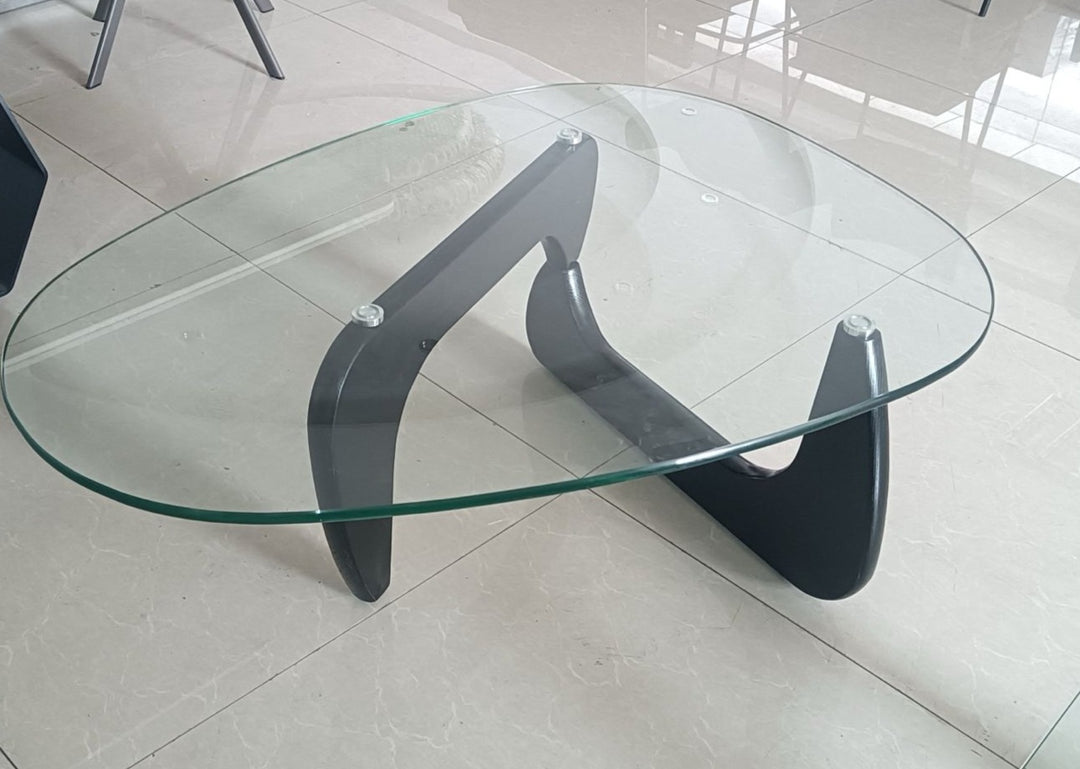 Noguchi Coffee Table (Black) with 15mm Tempered Glass Top and Ash Wood Legs