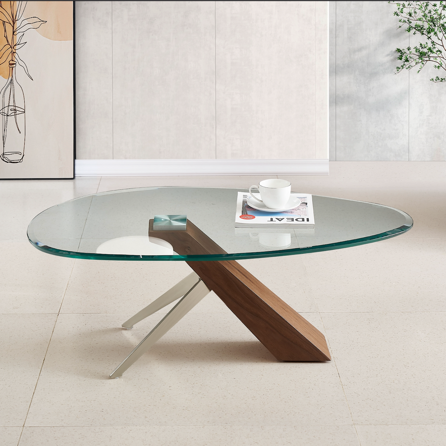 Arco Glass Coffee Table in Walnut Color with 12mm Tempered Glass Top - Marco Furniture