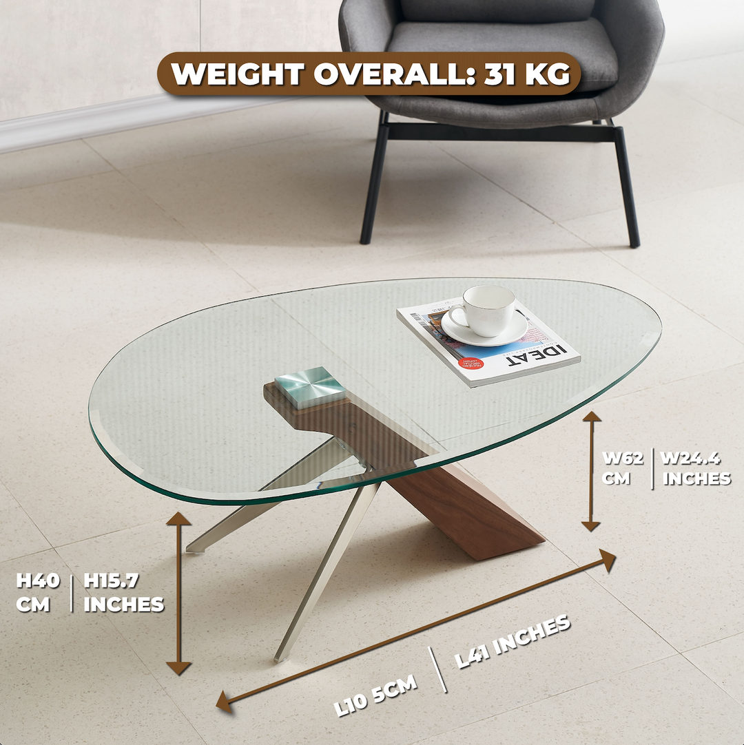 Arco Glass Coffee Table in Walnut Color with 12mm Tempered Glass Top - Marco Furniture