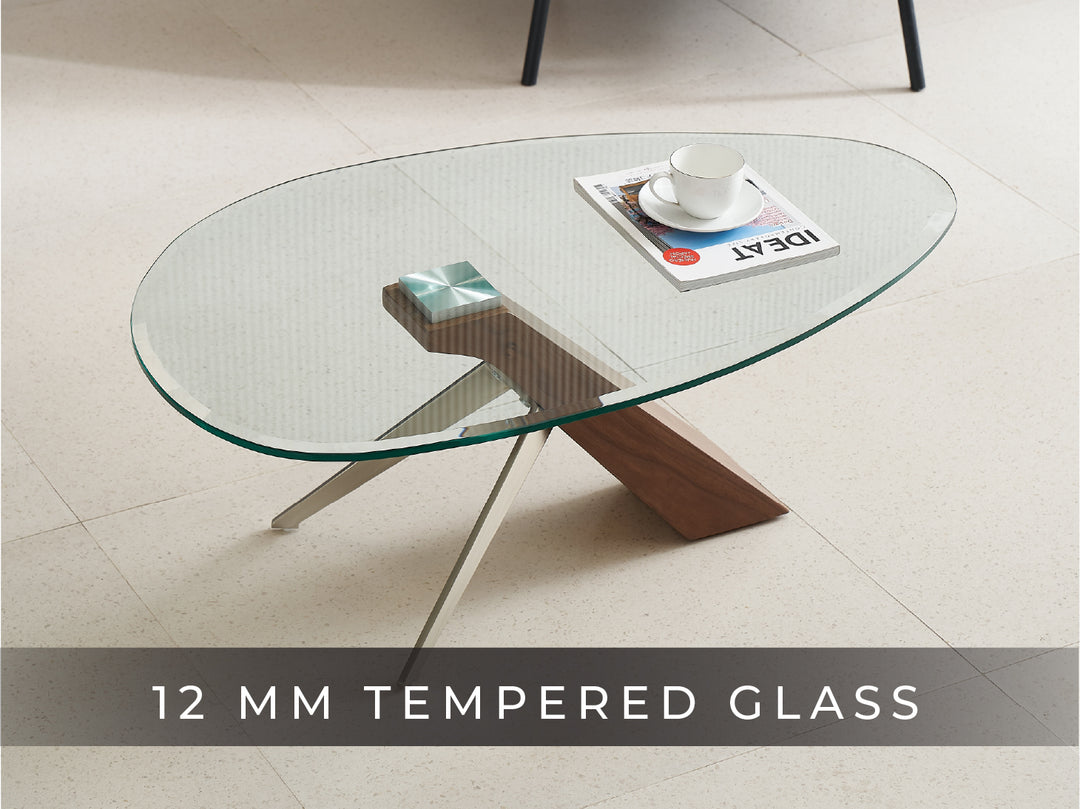 Arco Glass Coffee Table in Walnut Color with 12mm Tempered Glass Top - Marco Furniture