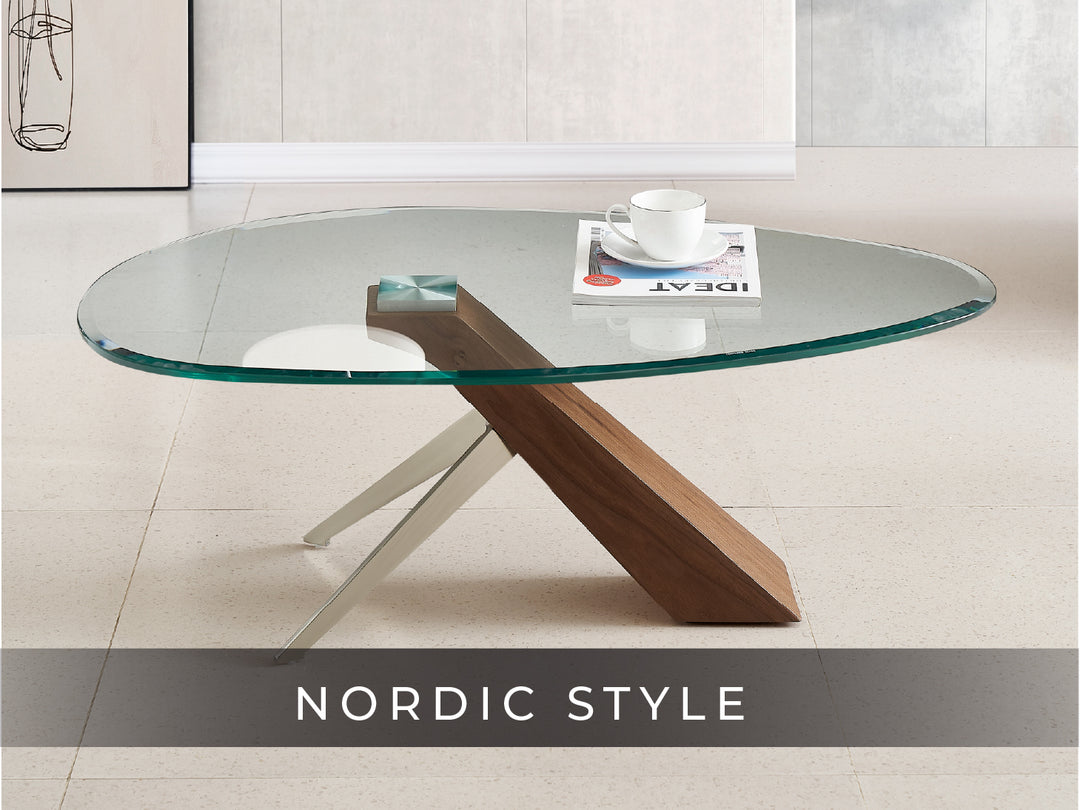 Arco Glass Coffee Table in Walnut Color with 12mm Tempered Glass Top - Marco Furniture