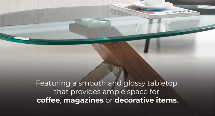 Arco Glass Coffee Table in Walnut Color with 12mm Tempered Glass Top - Marco Furniture