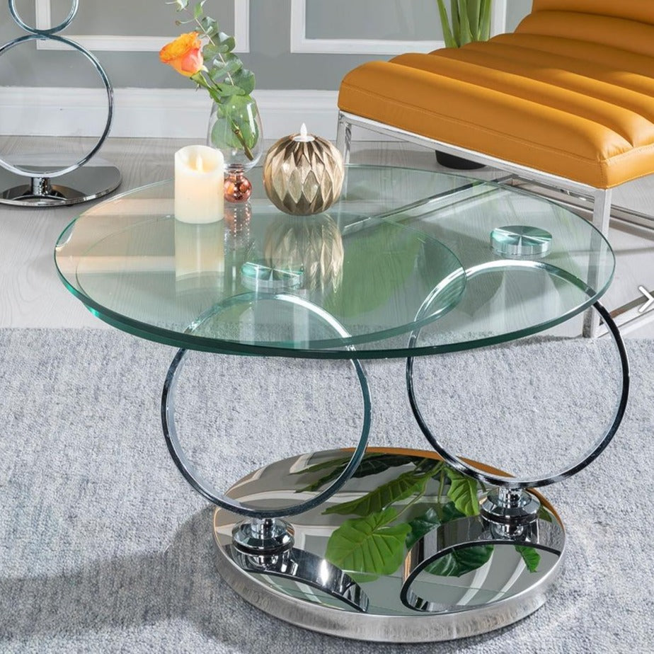 Avalanche Swivel Glass Coffee Table with Tempered Glass Top and Stainless Steel Base - Marco Furniture