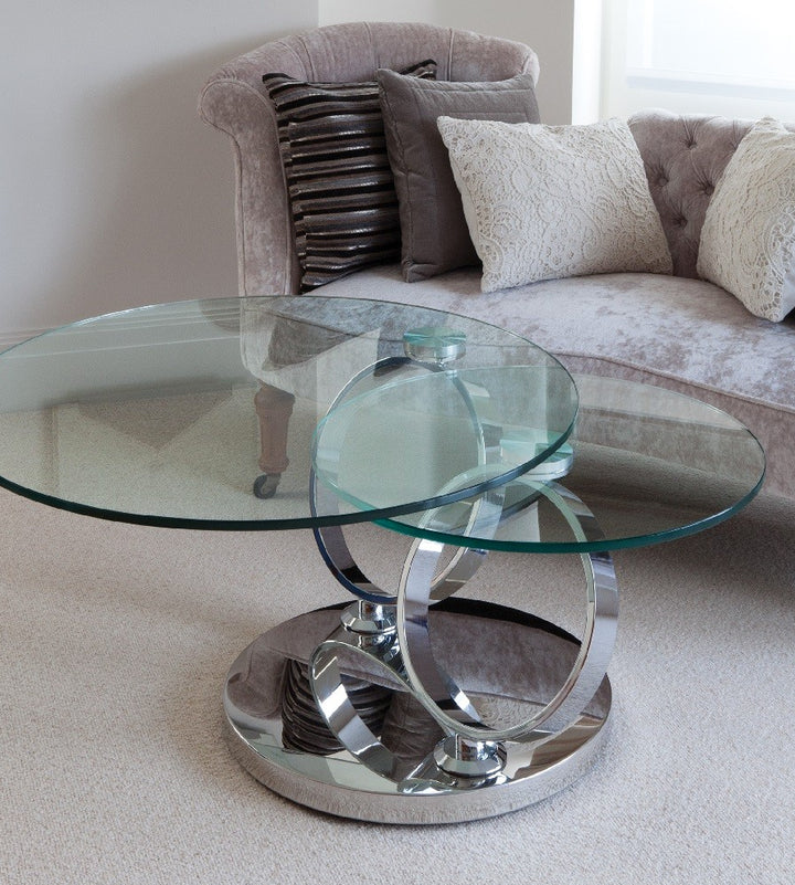 Avalanche Swivel Glass Coffee Table with Tempered Glass Top and Stainless Steel Base - Marco Furniture