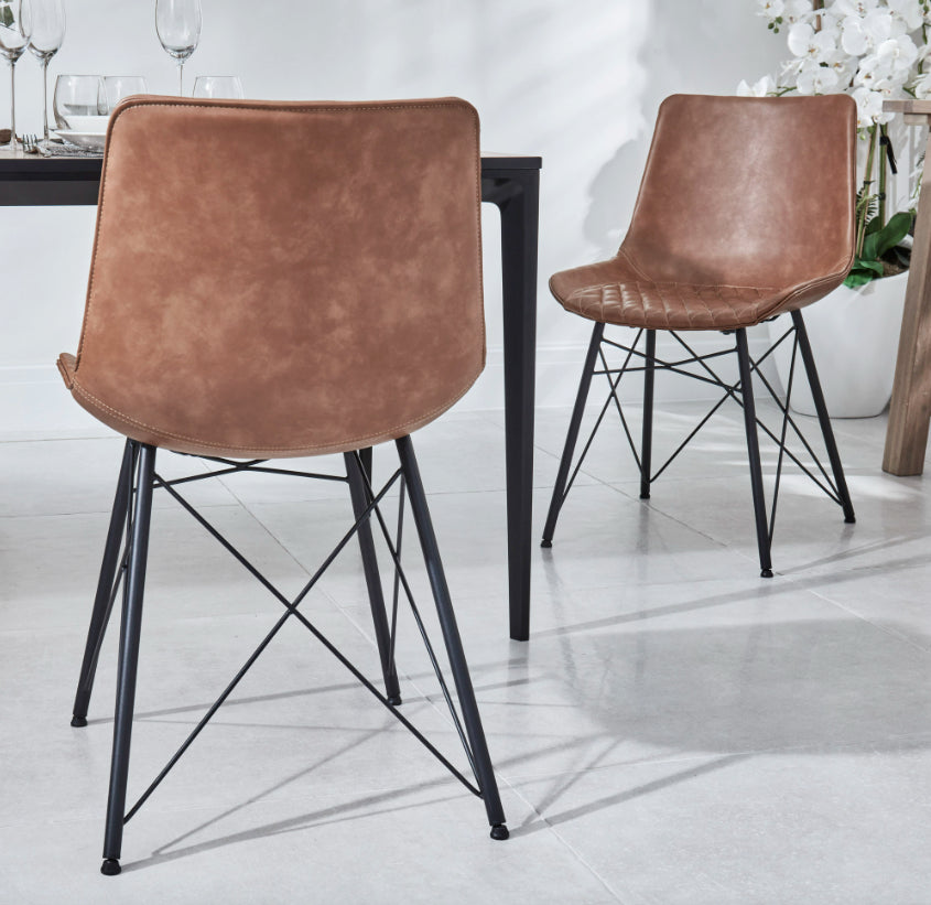 Bruno Designer Dining Room Chair (Tan) with High-Grade PU Leather Seats and Metal Legs