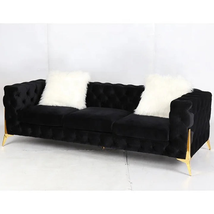 Gloria Velvet Chesterfield Lounge with Gold Legs - Black