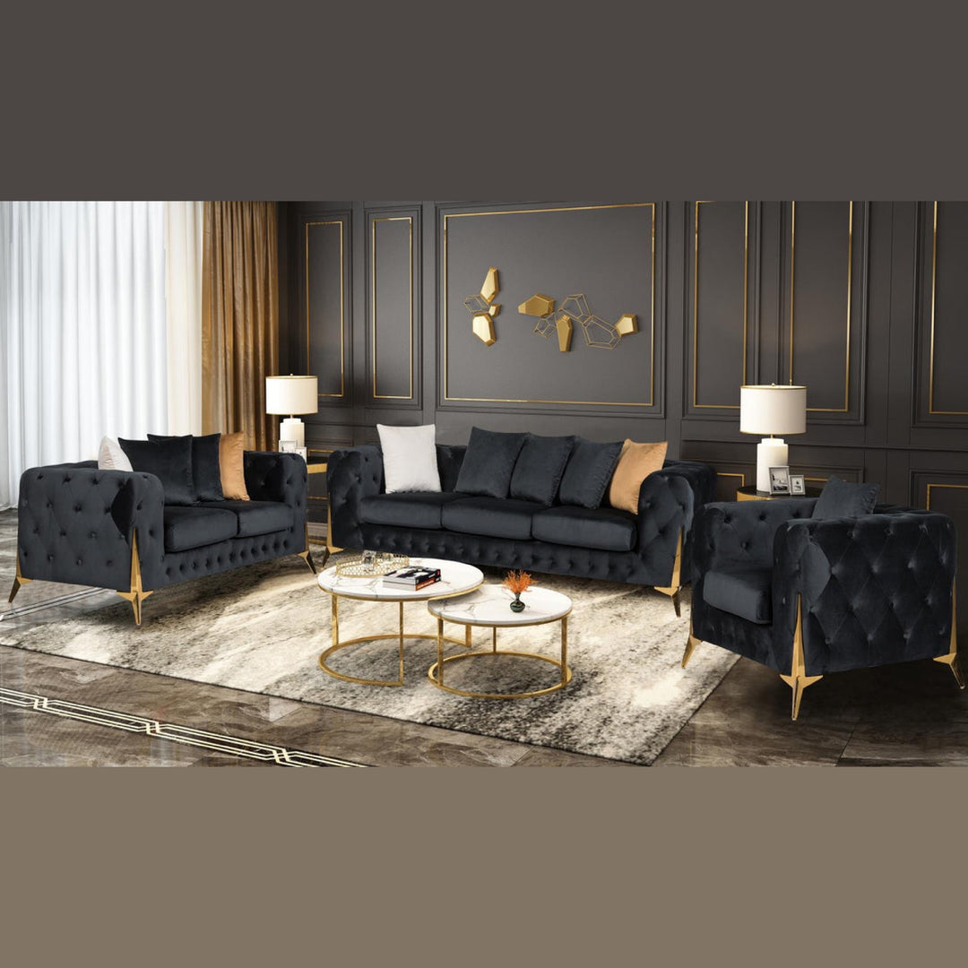 Gloria Velvet Chesterfield Lounge with Gold Legs - Black