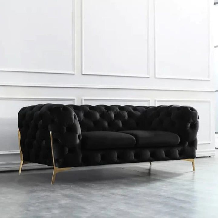 Gloria Velvet Chesterfield Lounge with Gold Legs - Black