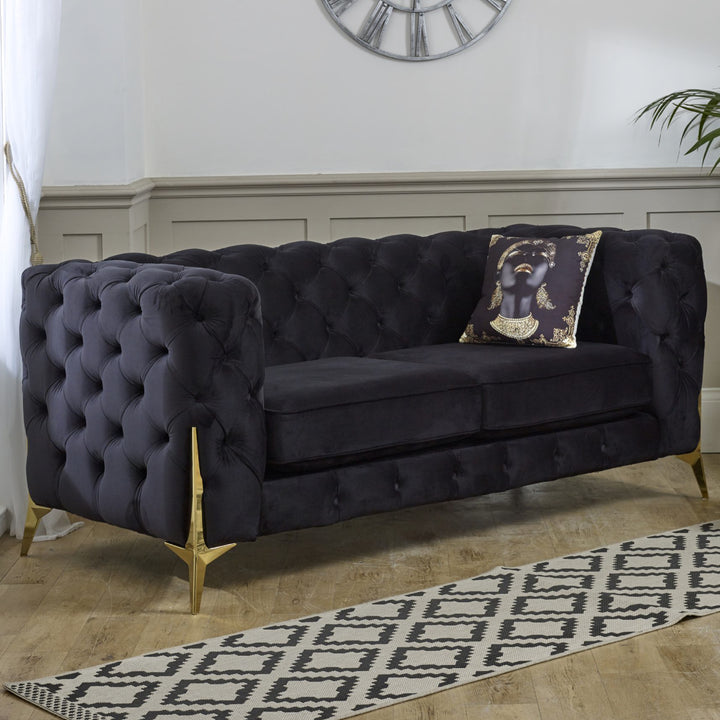 Gloria Velvet Chesterfield Lounge with Gold Legs - Black