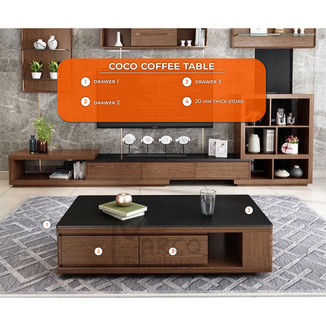 Coco Coffee Table with Storage and Black Burnt Stone Top