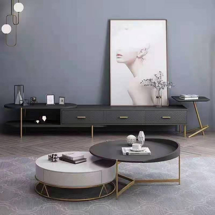 Diego Swivel Nesting Coffee Table Set with Gold Metal Base and Silent Wood Drawer