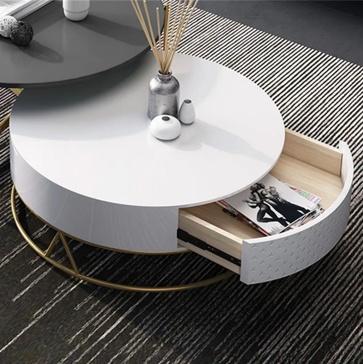 Diego Swivel Nesting Coffee Table Set with Gold Metal Base and Silent Wood Drawer