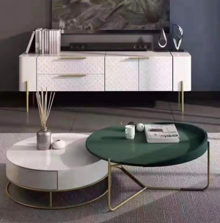 Diego Swivel Nesting Coffee Table Set with Gold Metal Base and Silent Wood Drawer