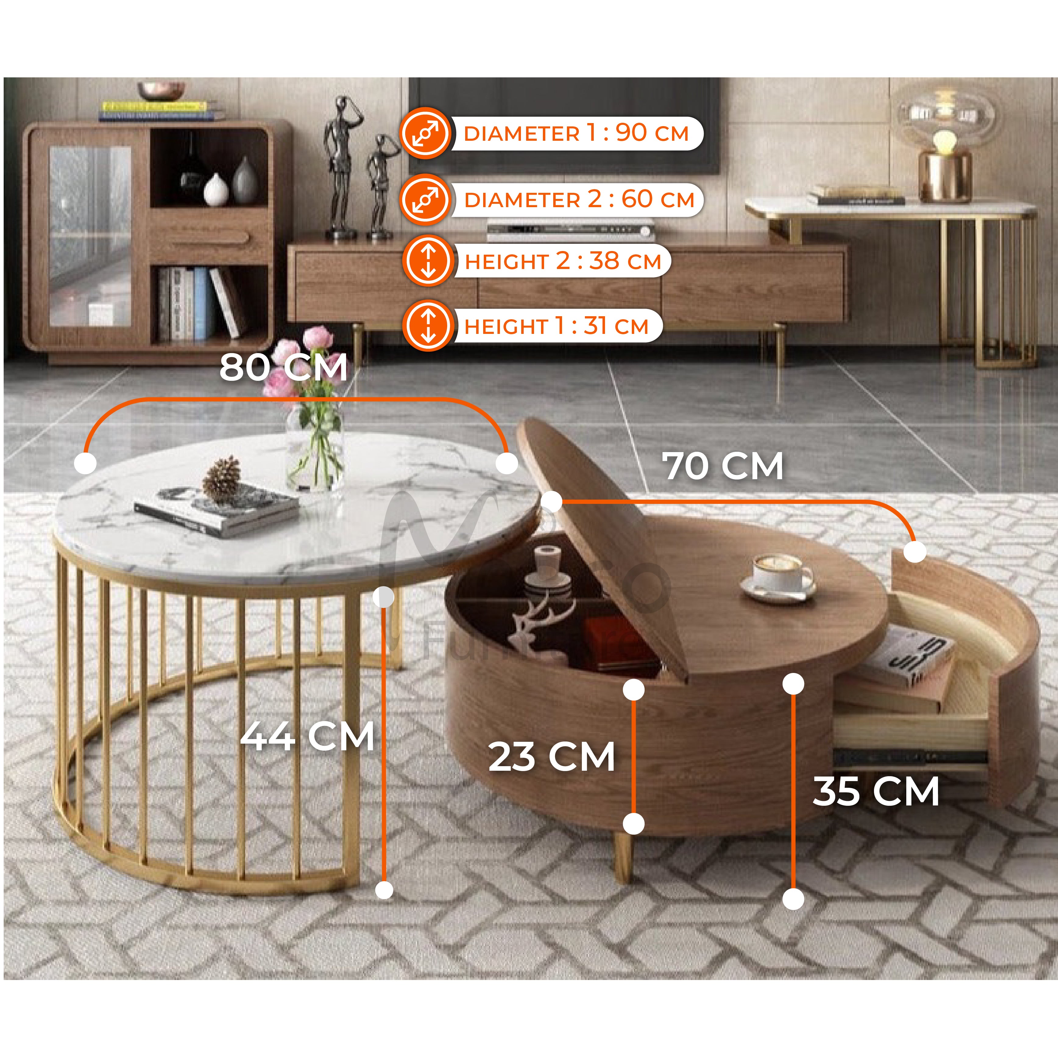 Modern white & walnut round coffee table with storage wood rotating marble nesting coffee table in rose gold set of 2 sale