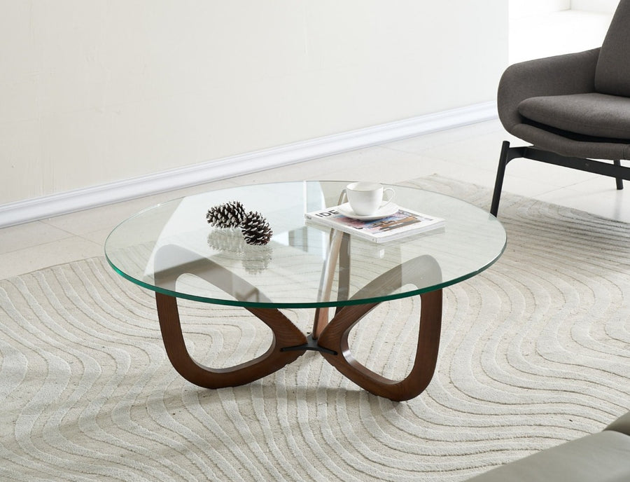 Gucci Modern Glass Coffee Table (Walnut) with Tempered Glass Top and Solid Ash Wood Base - Marco Furniture