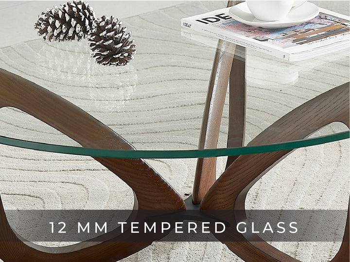 Gucci Modern Glass Coffee Table (Walnut) with Tempered Glass Top and Solid Ash Wood Base - Marco Furniture