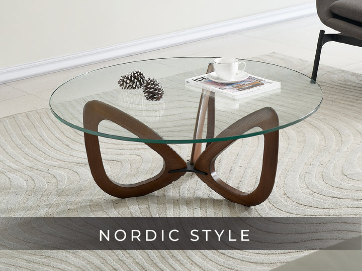 Gucci Modern Glass Coffee Table (Walnut) with Tempered Glass Top and Solid Ash Wood Base - Marco Furniture