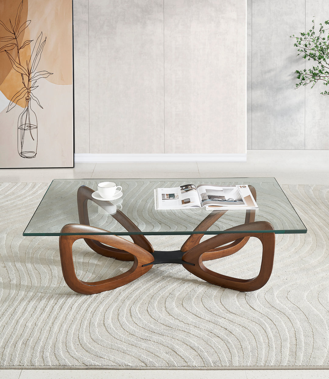 Gucci Modern Coffee Table with Tempered Glass and Solid Ash Wood Base