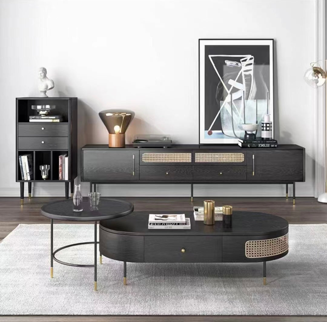 Megan Rattan TV Unit in Black Veneer with Black Metal Legs