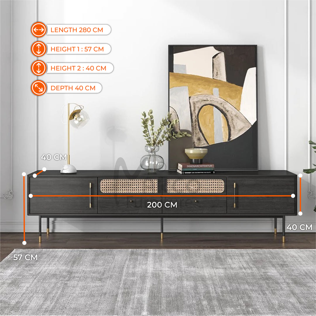 Megan Rattan TV Unit in Black Veneer with Black Metal Legs