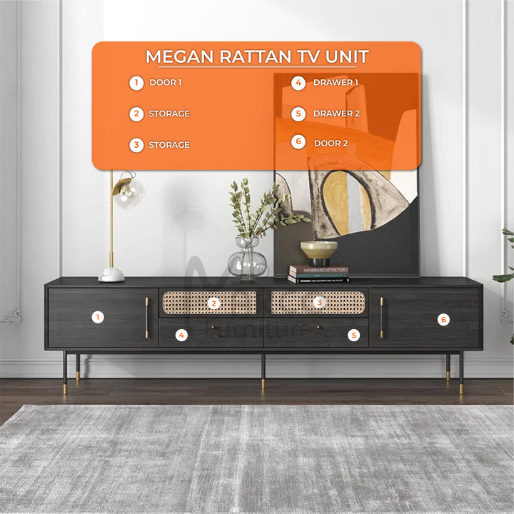 Megan Rattan TV Unit in Black Veneer with Black Metal Legs