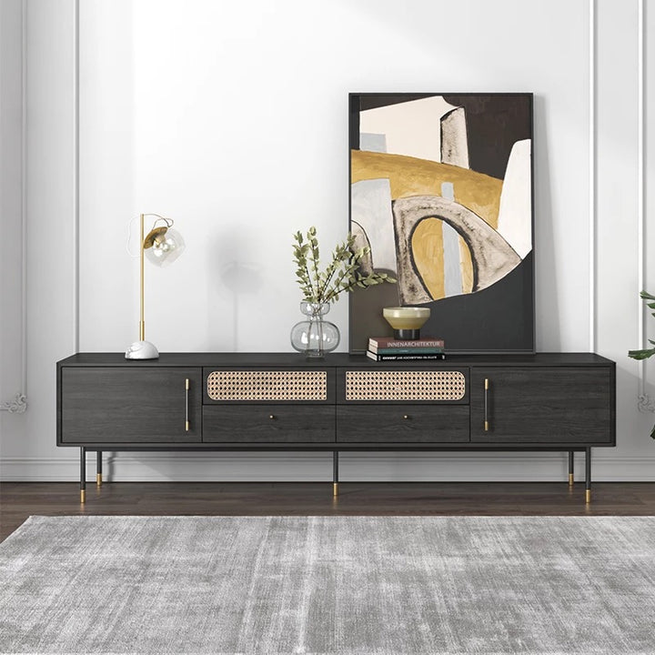 Megan Rattan TV Unit in Black Veneer with Black Metal Legs