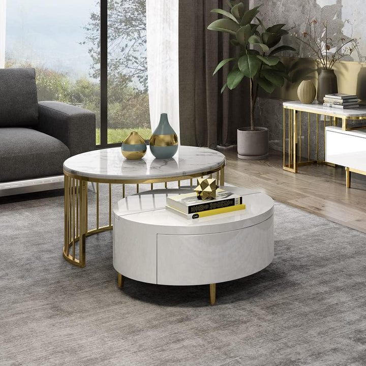 Milan Round Modern Coffee Table with Marble top and Gold Legs