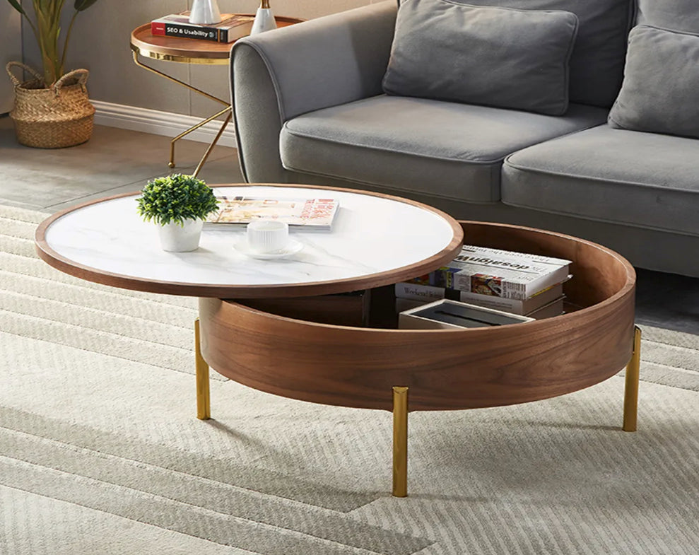 Moon Extendable Coffee Table with Storage and Rotating Top in White Ceramic