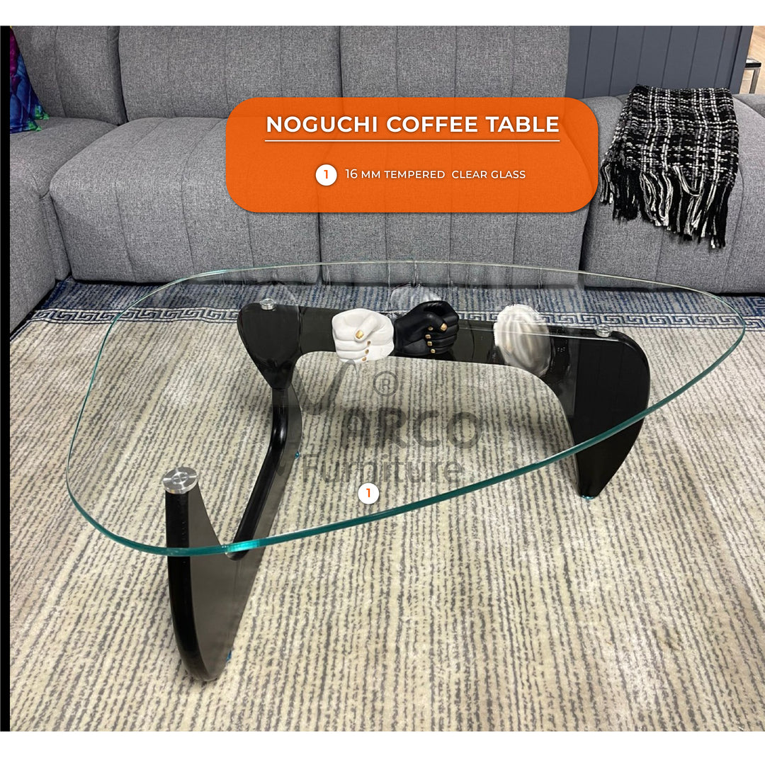 Noguchi Coffee Table (Black) with 15mm Tempered Glass Top and Ash Wood Legs