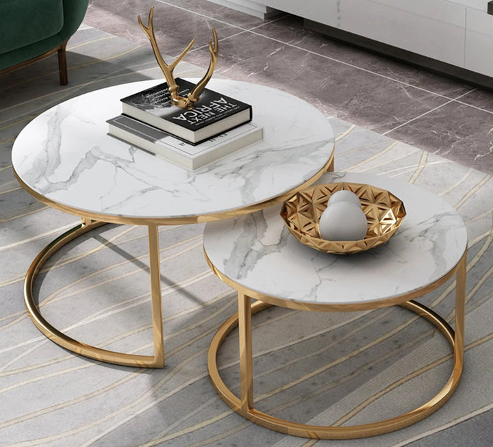 Proto Nesting Coffee Table with Marble Top and Stainless Steel Gold Base