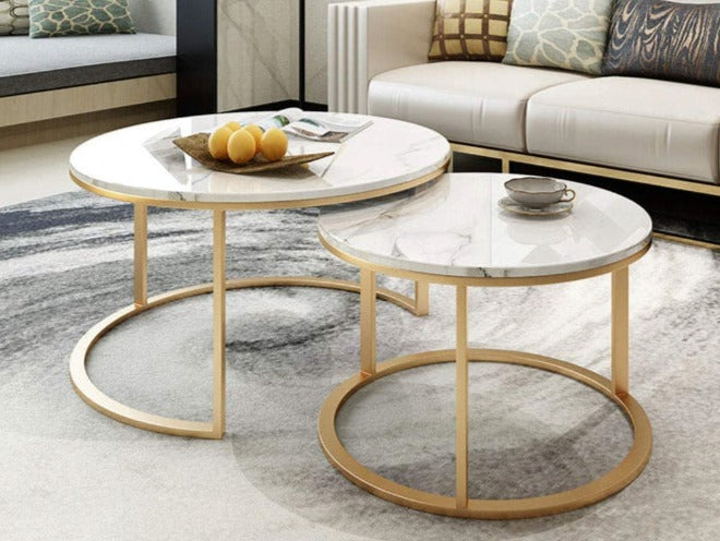 Proto Nesting Coffee Table with Marble Top and Stainless Steel Gold Base