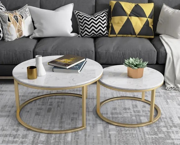 Proto Nesting Coffee Table with Marble Top and Stainless Steel Gold Base